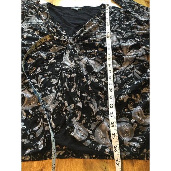 Womens 3X Black Gray Paisley Long-Sleeve Babydoll Top Blouse Twist Front - Picture 9 of 9